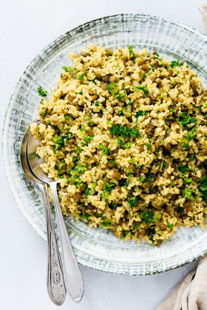 Turkish Tomato Bulgur Pilaf with Green Lentils