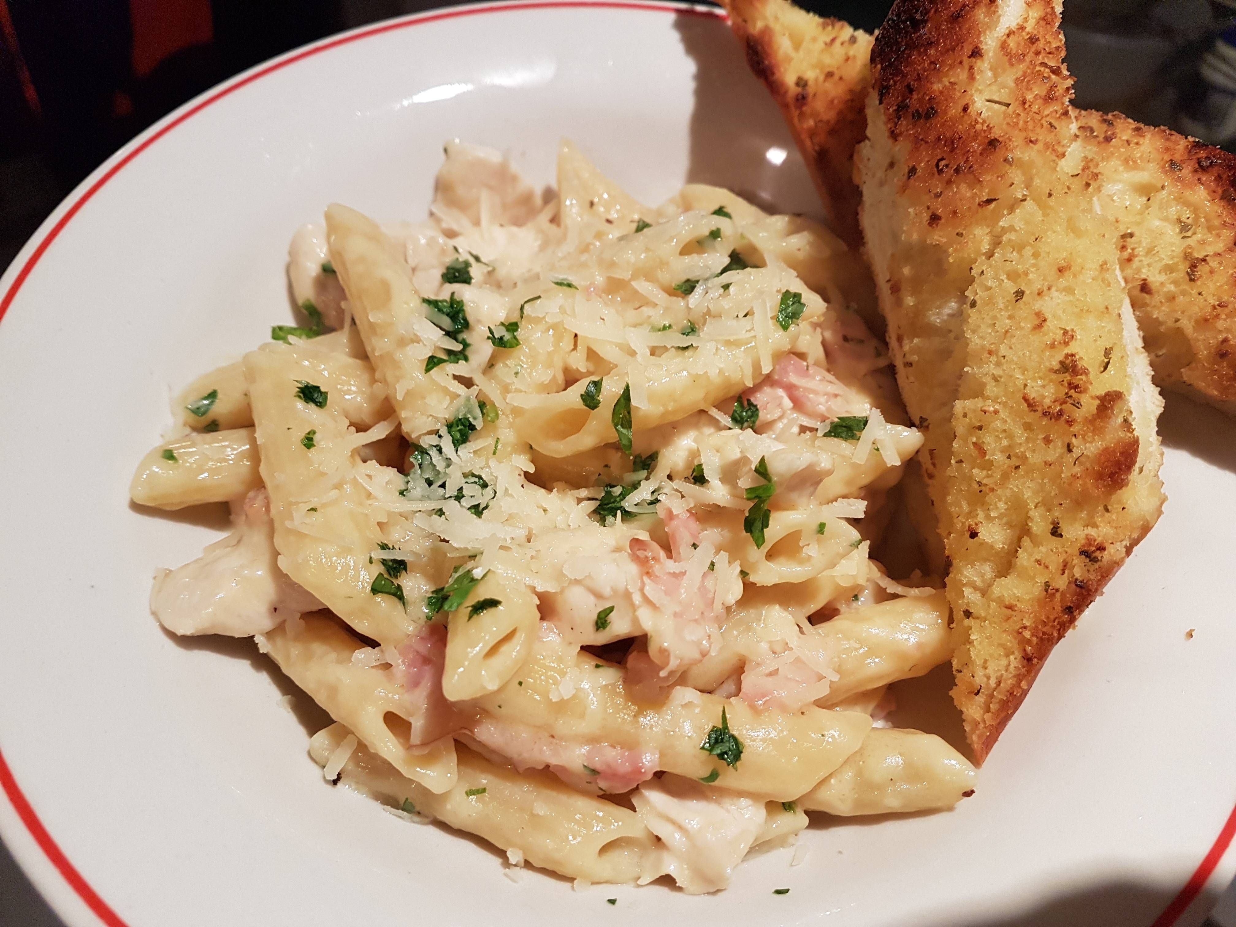 Homemade Chicken Bacon Carbonara with Parmesan and Garlic Bread