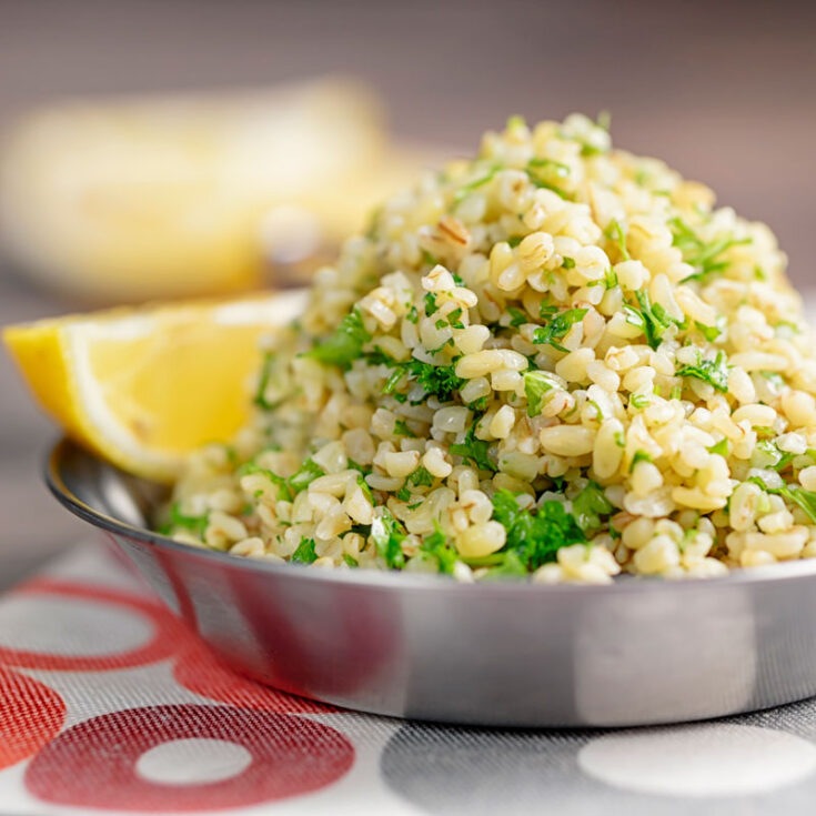 Cooked bulgur wheat in a bowl