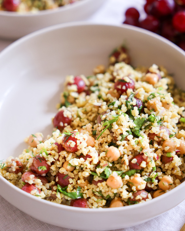 Amazing Bulgur Salad with Roasted Grapes & Curry Vinaigrette