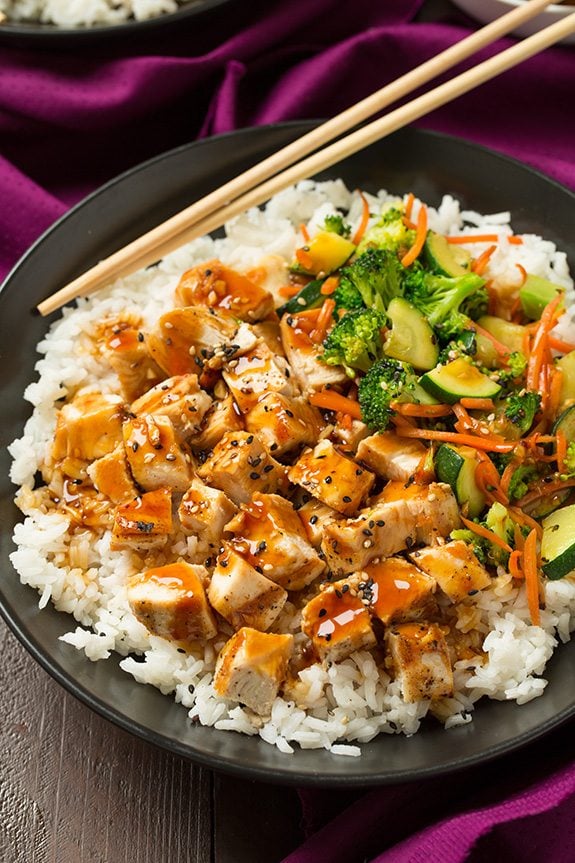 Grilled Teriyaki Chicken Bowls with Rice and Veggies