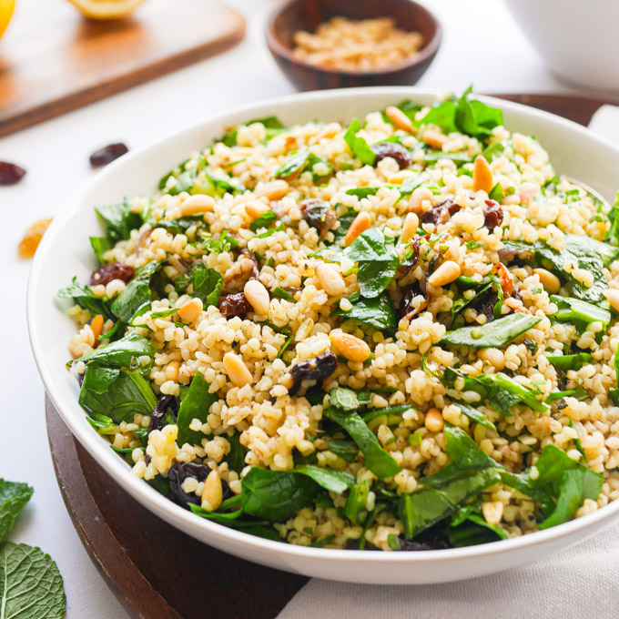 Bulgur Wheat Salad with Spinach, Pine Nuts & Raisins