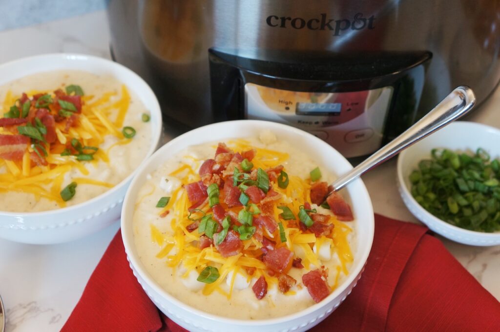 Bowl of Easy Crockpot Potato Soup with Frozen Hash Browns